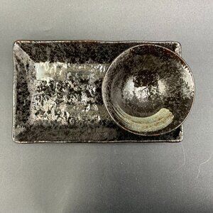 Ceramic Sushi Plate and Sauce Bowl Black and Gold Glazed Pottery